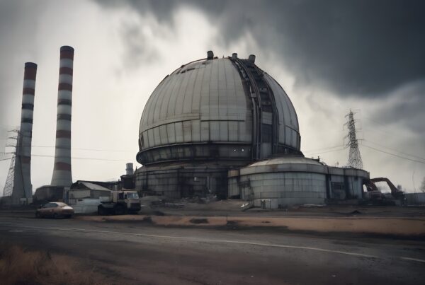 Abandoned industrial building with dome and chimneys under dark, cloudy sky.