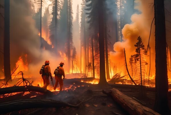 Firefighters in protective gear navigate a blazing forest fire.