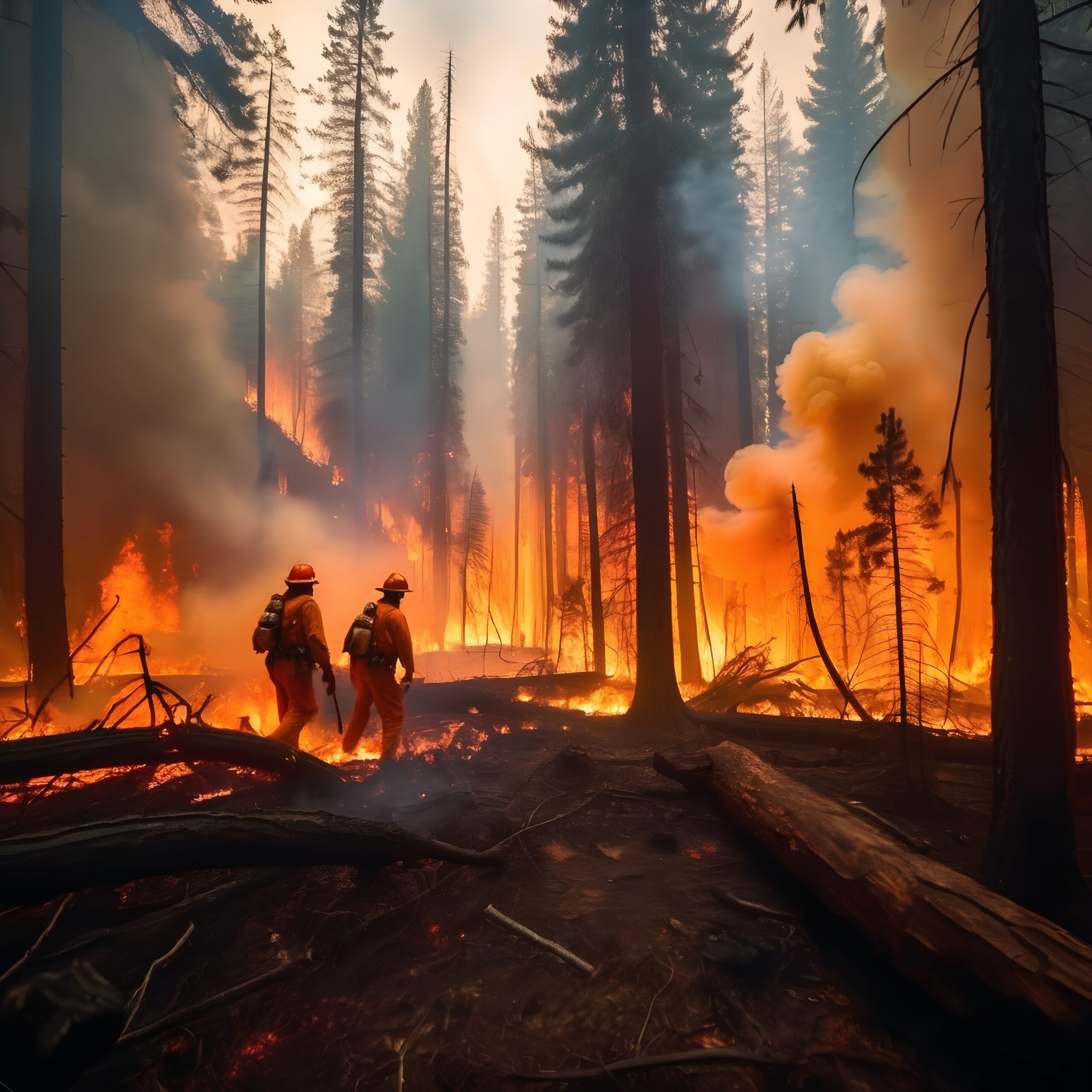 Firefighters Battling Intense Forest Fire