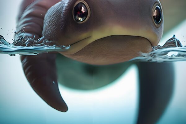 A curious aquatic creature peeks above water surface, large eyes, gradient skin.