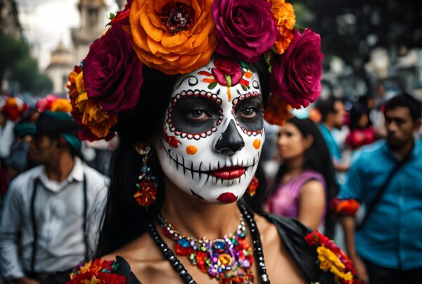 A woman with vibrant Day of the Dead face paint and floral attire participates in a lively cultural street celebration.