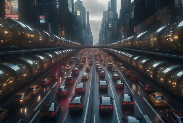 Futuristic cityscape with highway traffic, glowing tubes, and skyscrapers.