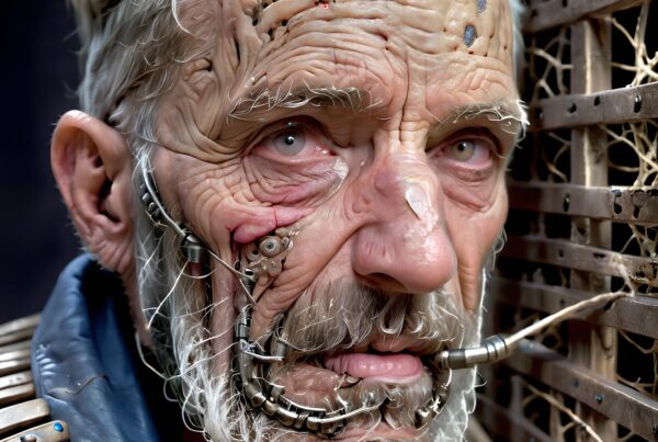 A detailed portrait of an elderly man with intricate cybernetic enhancements, showcasing a blend of humanity and technology.