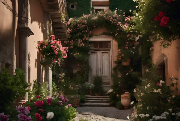 A serene alleyway filled with vibrant flowers, rustic architecture, and cobblestone path.