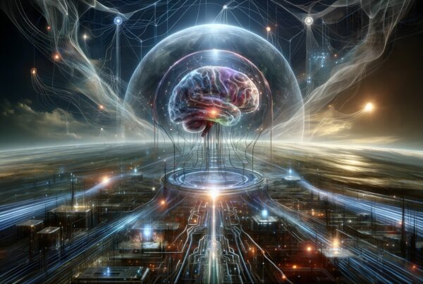 A digital brain within a futuristic, interconnected network sphere.