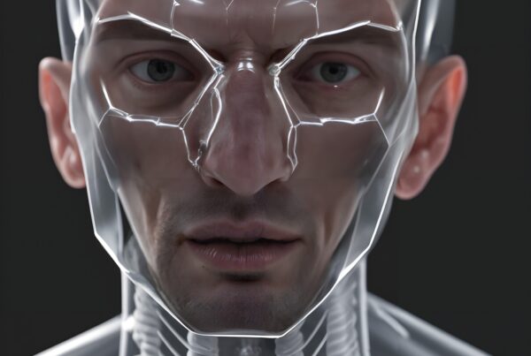 A man with a translucent exoskeleton displaying futuristic enhancements on his face and neck.