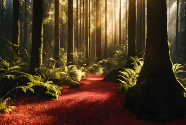 A sunlit forest path with vibrant red leaves and lush green ferns creating an enchanting, serene atmosphere.