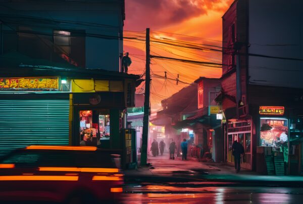 Vivid urban street scene at dusk with neon signs reflecting on wet pavement.