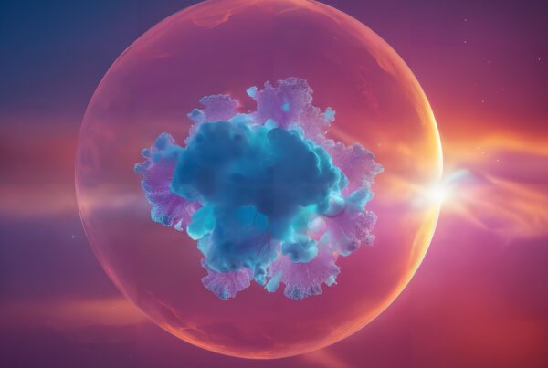 A vibrant nebula encased in a translucent cosmic sphere against a colorful starry sky.