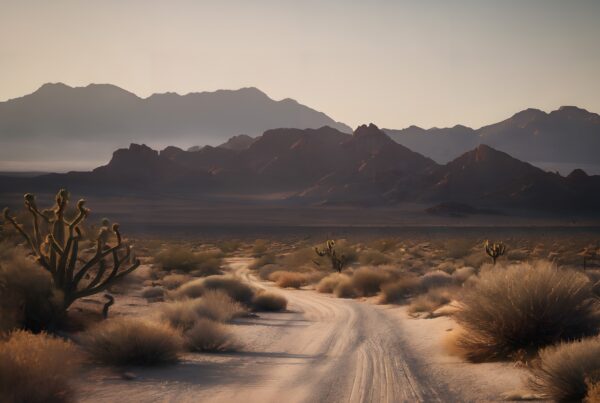 A serene desert road at sunrise with mountains in the distance.