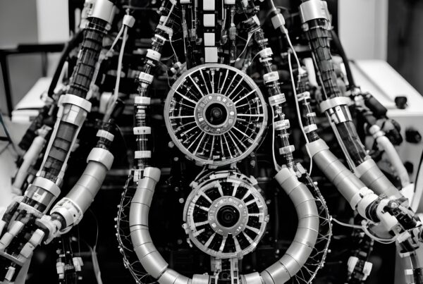 Intricate mechanical structure with circular components in grayscale.