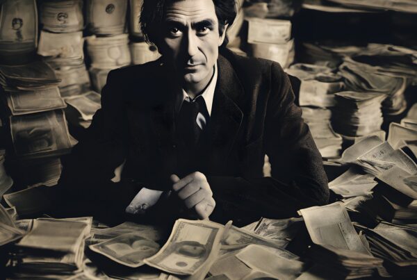 Vintage man surrounded by paper money and stacks in sepia.