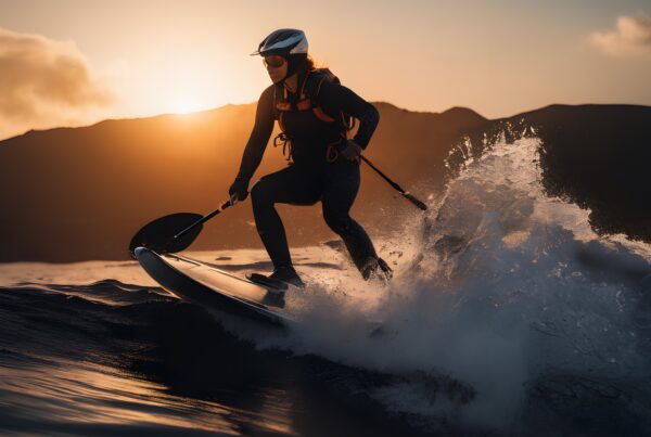 Person surf foiling at sunset, wearing safety gear, amidst glowing waves.