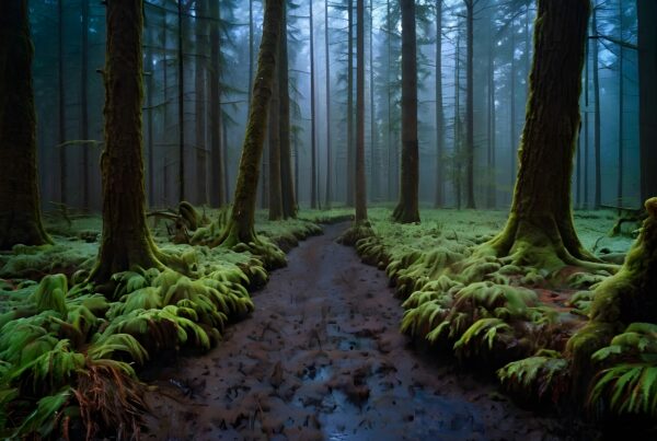 Moss-covered trees and winding path in misty forest.