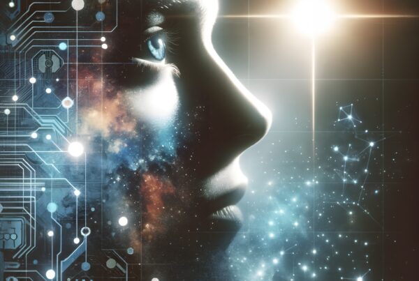 A human face blends into a cosmic and technological universe, showcasing digital circuitry, stars, and enlightenment.