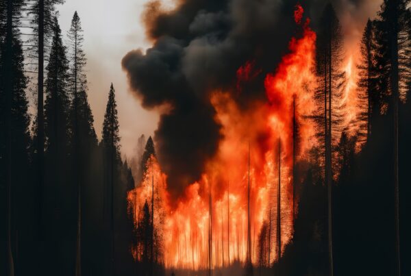 Intense forest fire with towering flames.