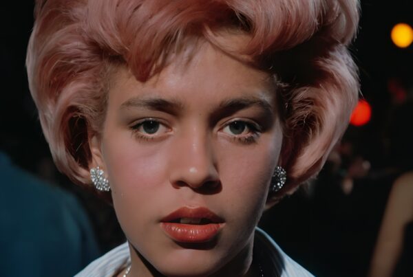 A vintage-inspired portrait showcasing a person with pink hair and glamorous earrings against a nightlife backdrop.