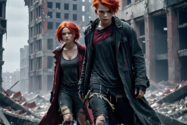 Two young adults stand amid urban ruins, displaying determination and resilience with striking red hair against a grey, dystopian backdrop.