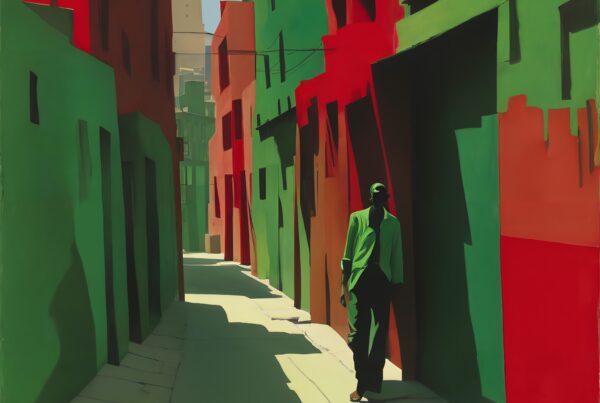 A lone figure walks down a vibrant green and red alleyway, casting dramatic shadows, in a modern urban scene.