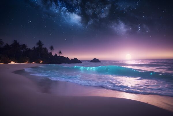 A tranquil beach illuminated by moonlight and a starry sky, with visible Milky Way.