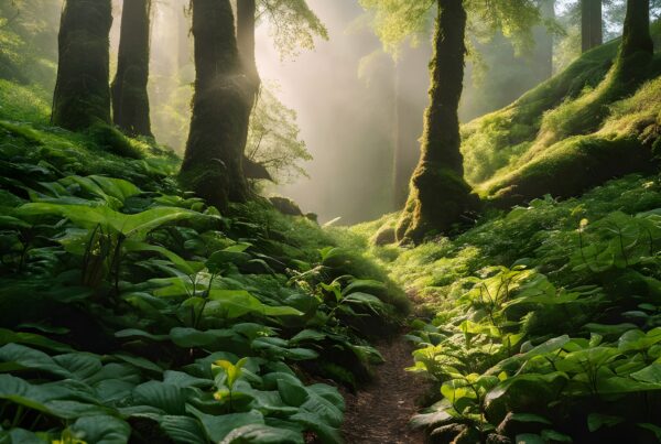 A sunlit forest path with moss-covered trees and vibrant green foliage, creating a peaceful and inviting atmosphere for exploration.
