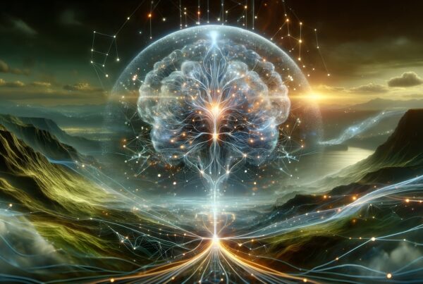 A digital neural landscape merging nature and technology with mountains and a glowing brain-like network under an expansive sky.