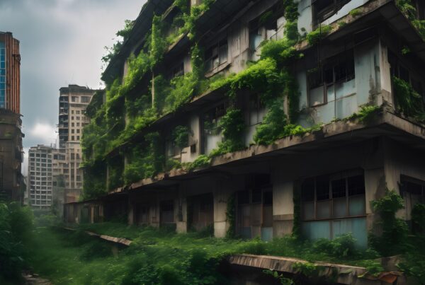 Abandoned building overtaken by lush greenery and vines.