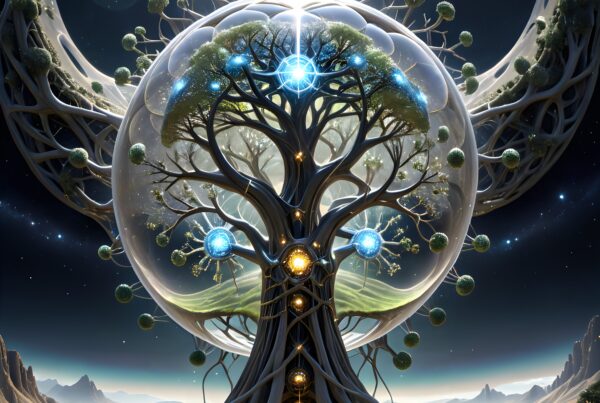 A magical tree radiates light under a cosmic sky.