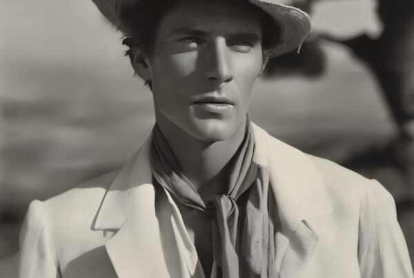 A classic black-and-white portrait of an elegantly dressed man in a hat, exuding sophistication and mystery.