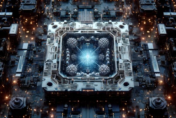 A detailed and futuristic electronic circuit board with a luminous core.