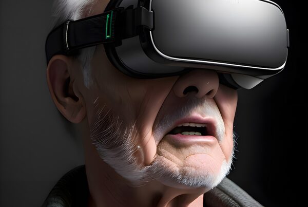 An older man experiencing virtual reality with a VR headset, displaying curiosity and wonder in a dark setting.