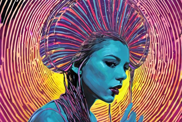 Digital artwork of a blue-skinned woman with pink hair and a colorful, swirling halo.
