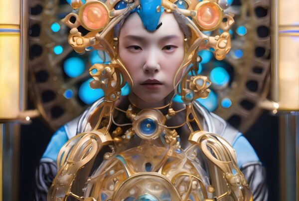A futuristic figure in ornate golden attire with blue headpiece against a glowing background.