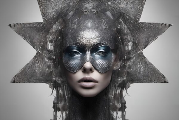 "Artistic portrait with metallic star-shaped headpiece and dramatic silver mask."