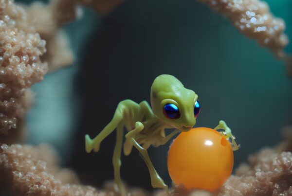 A whimsical green creature holds an orange gem, set against a dreamlike, textured background.