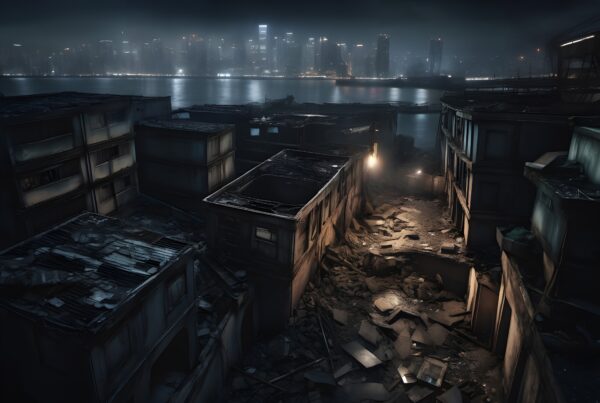 Image of abandoned buildings at night with city skyline in the background, showcasing urban decay contrasted with a modern city.