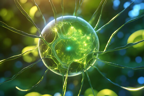 A glowing green neuron with sunlit tendrils, conveying nature's complexity in a vivid, organic setting.