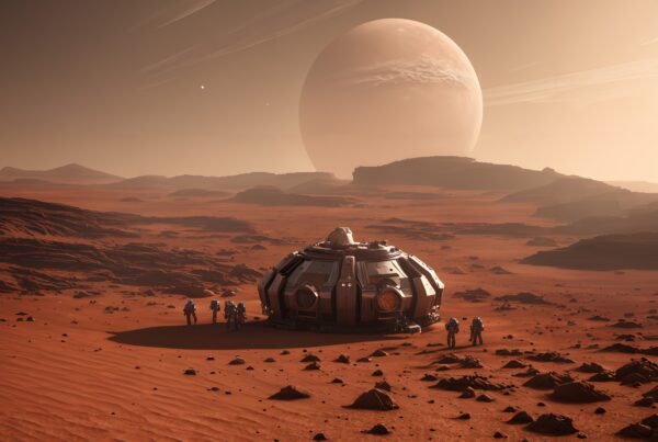 Astronauts exploring barren alien landscape with a structure.