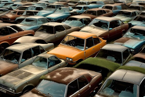 A field of abandoned vintage cars covered in moss and rust.