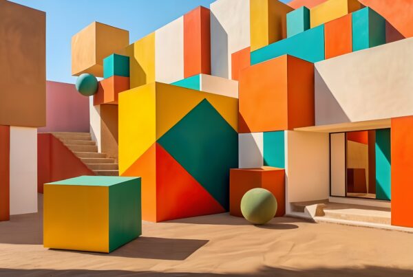 A vibrant geometric architectural structure with colorful blocks and unique design elements under a clear blue sky.