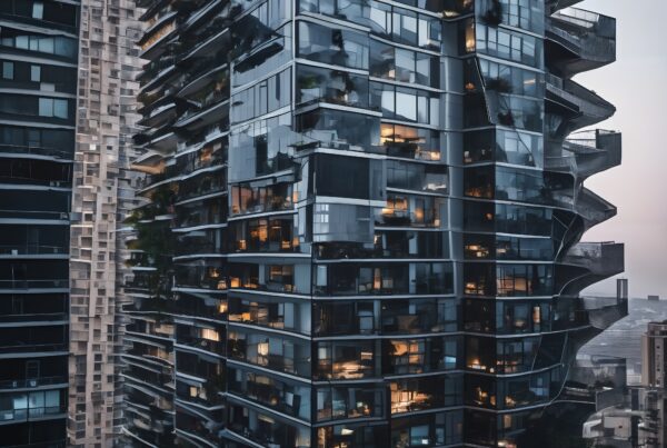 A modern high-rise building with glowing apartments and unique architectural design.