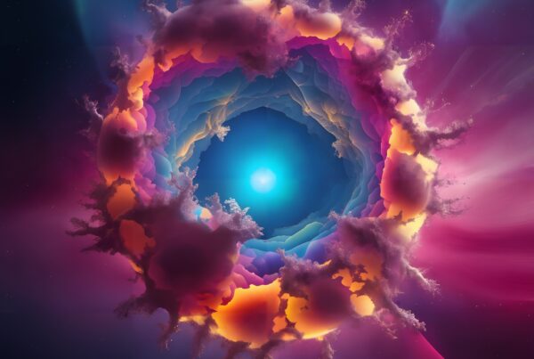 A vibrant, surreal nebula with colored clouds and a turquoise center shines against a dark cosmic background.