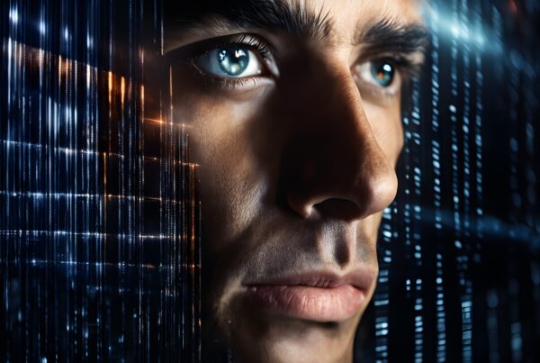 Close-up of a man's face with digital light patterns reflecting a futuristic interaction.