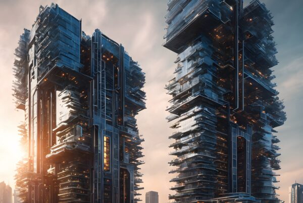 Futuristic skyscrapers with intricate tiered design against a glowing evening sky.