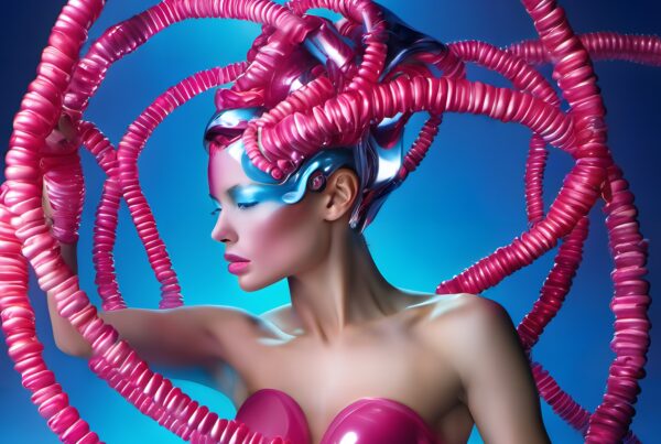 A futuristic fashion model entwined in pink, tubular sculptures, set against a striking blue backdrop.