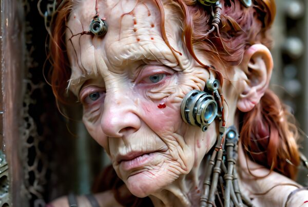 Futuristic cybernetic woman with mechanical features and red hair.