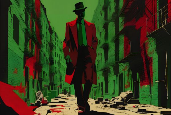 Noir-style figure walking down vibrant urban street with high-contrast colors.
