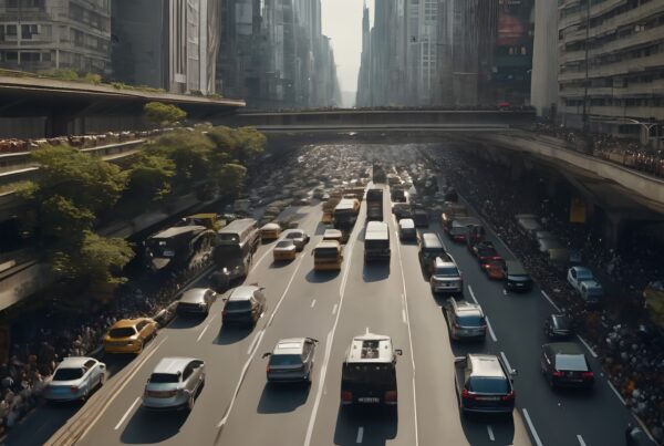 City traffic congestion during day, tall buildings, cars, buses, bridge.