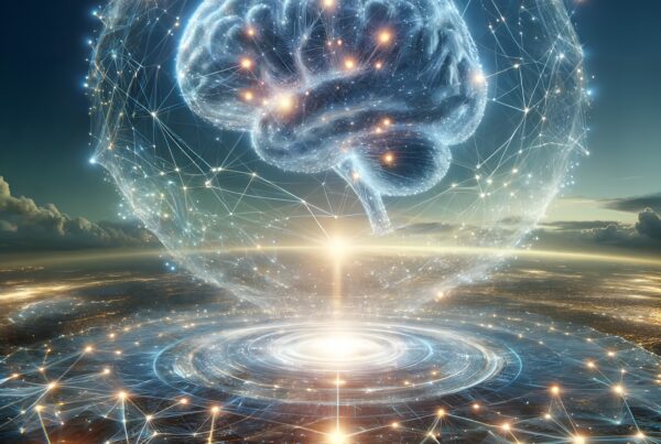 A cosmic brain network illuminated in space, merging artificial intelligence with celestial elements, creating an ethereal connection.