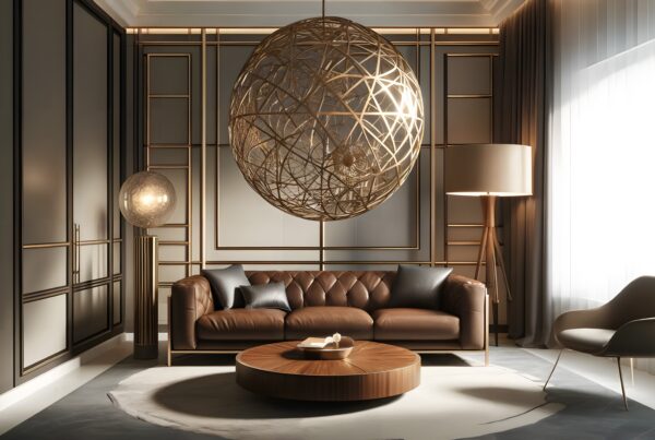 Luxurious living room with leather sofa and ornate lighting fixture.